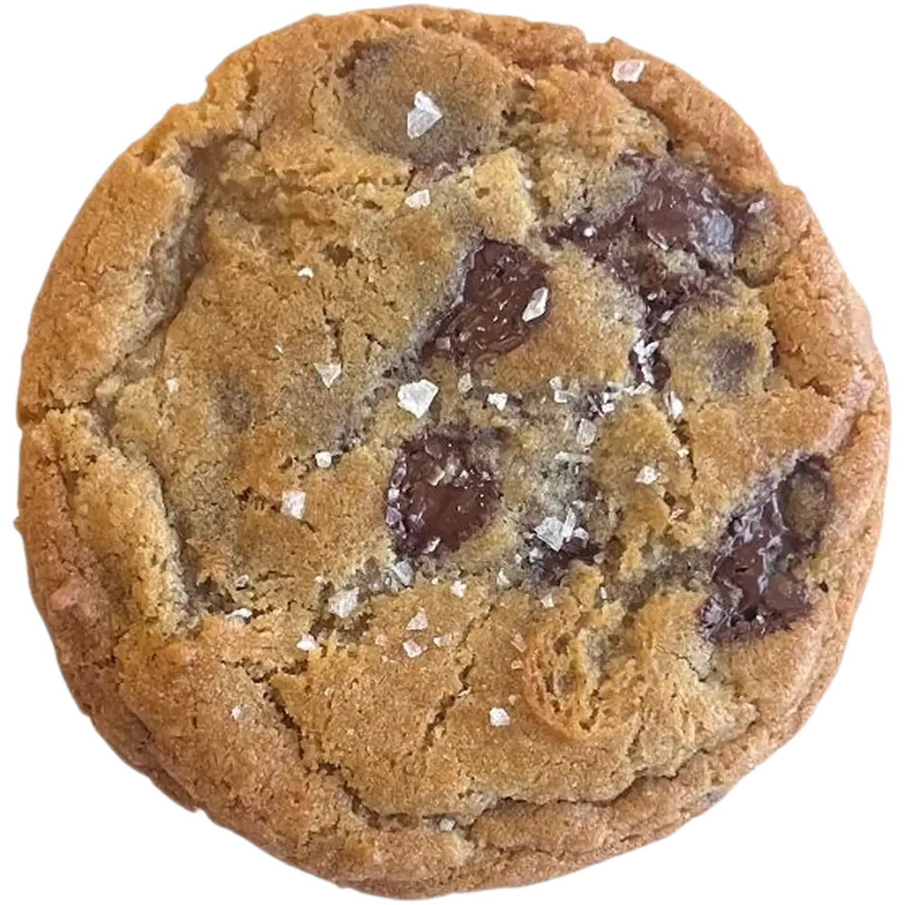A chocolate chip cookie with chocolate and flaky salt